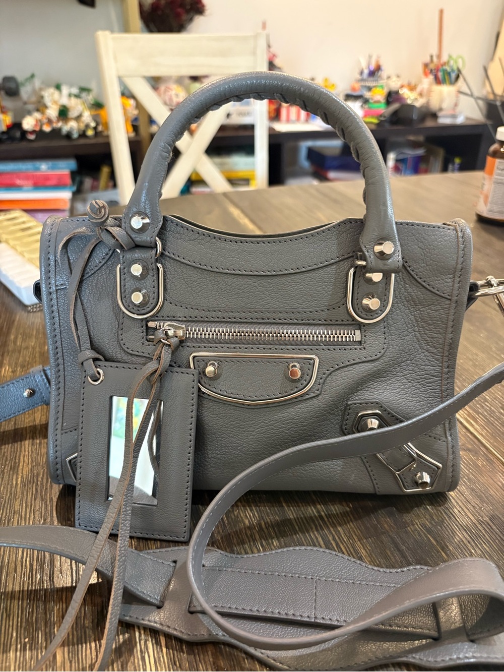 Balenciaga Structured Gray Leather Satchel with Removable Crossbody Strap